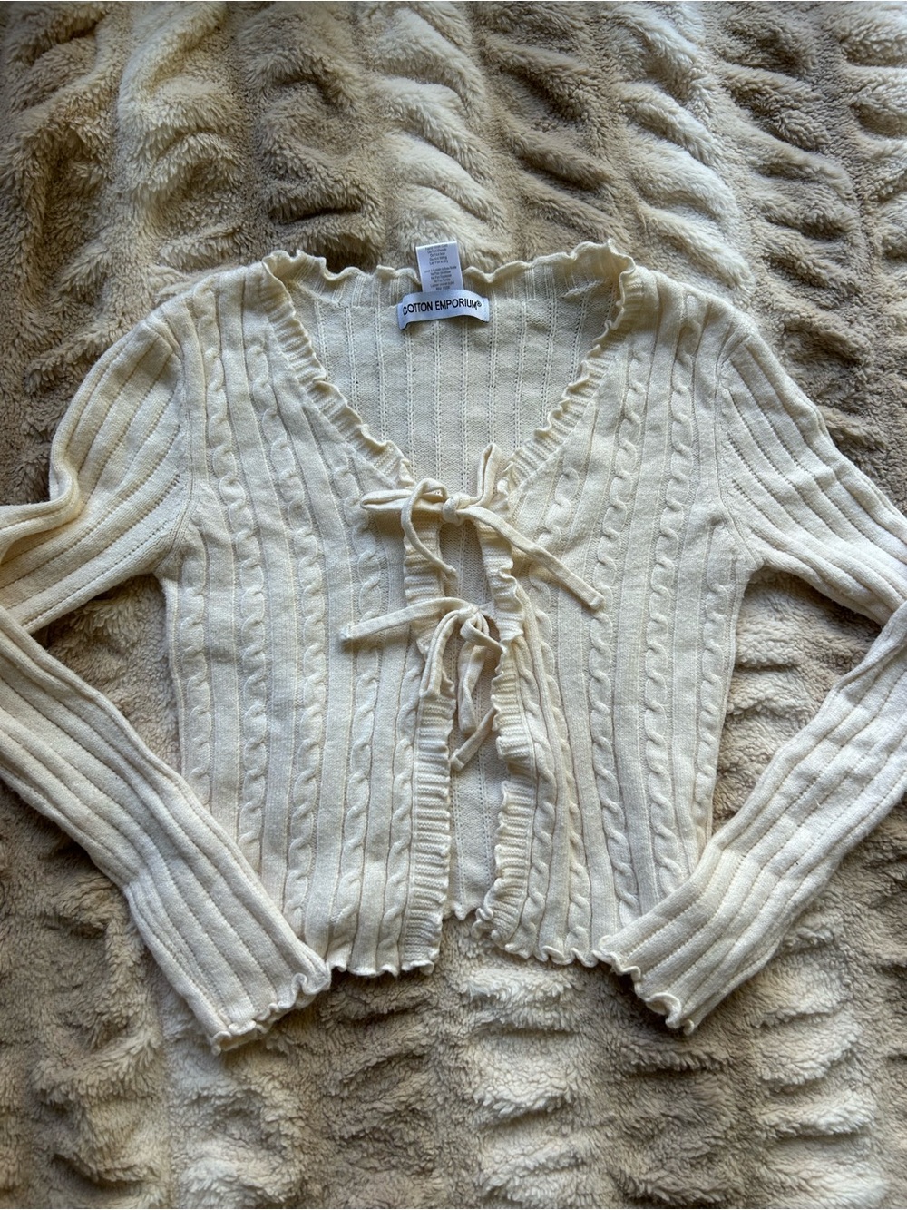 Cotton Emporium Cream Ribbed Cable-Tie Cardigan